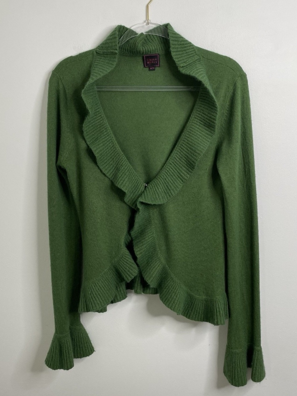 Color Works Green Knit Angora/Wool Open Front Cascade Cardigan Sz M Y2K 2000's